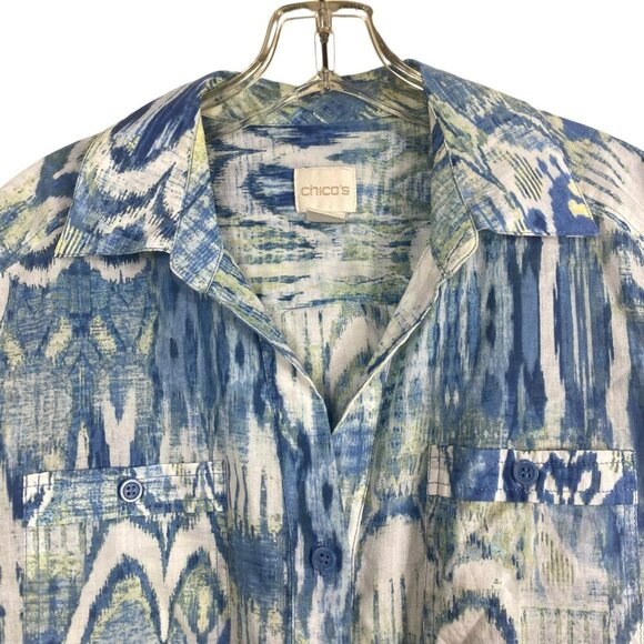 Chico's Blue White Button Down Blouse lightweight Cotton Top Size 0 Small - Picture 5 of 13